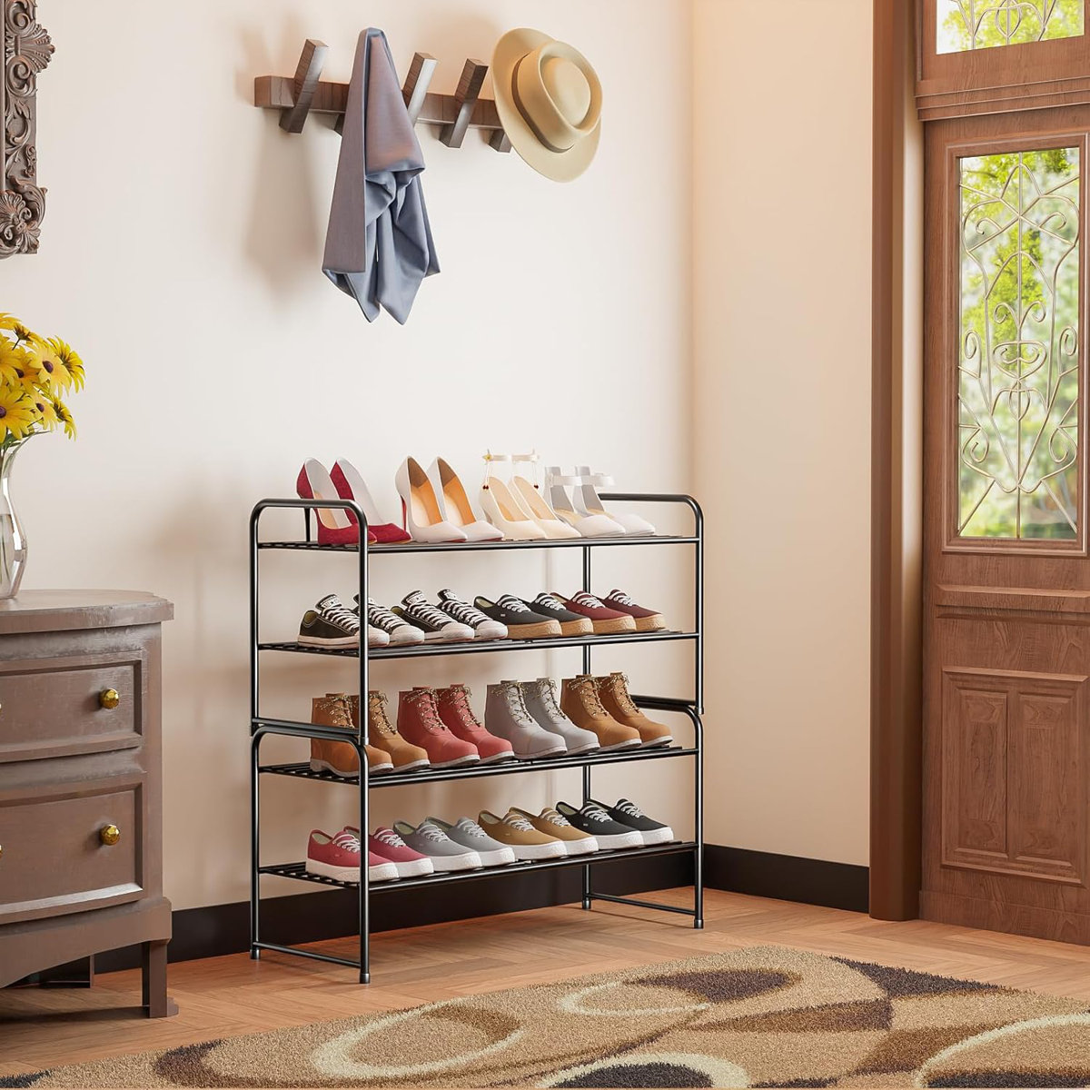 32'' Wide 2-Tier Wire Grid Shoe Rack for Closet, Stackable and Adjustable Shoe Shelf